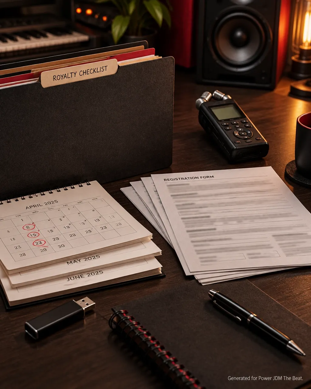 Organized music rights folders, dated records, and registration paperwork beside studio equipment