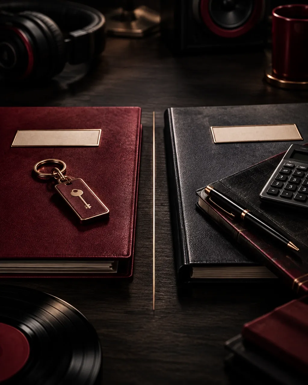 Legal documents, a pen, and a closed music catalog filing folder on a dark desk