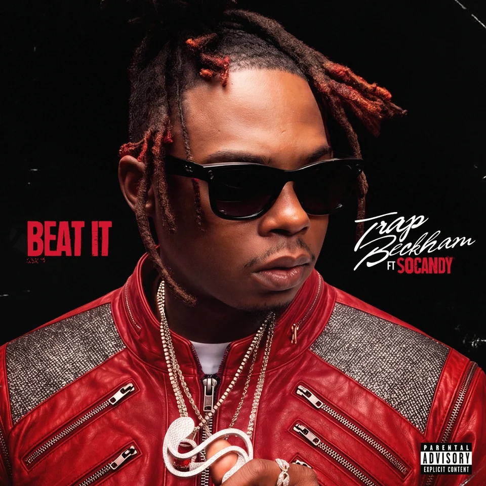 Trap Beckham wearing a red jacket and sunglasses on the official Beat It cover